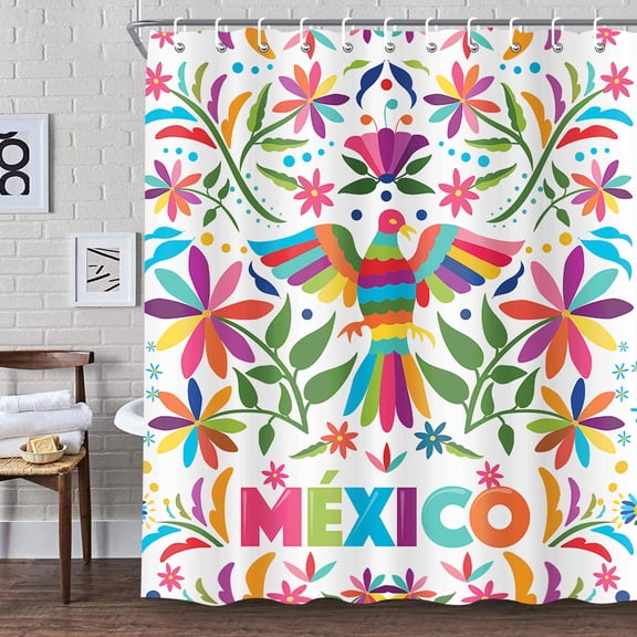 Mexican Shower Curtain Mexico Traditional Bluebird Otomi Style Pink Floral Shower Curtain, Colorful Flower Bird Plant Shower Curtain Set Polyester Fabric with Hooks 69x72inch