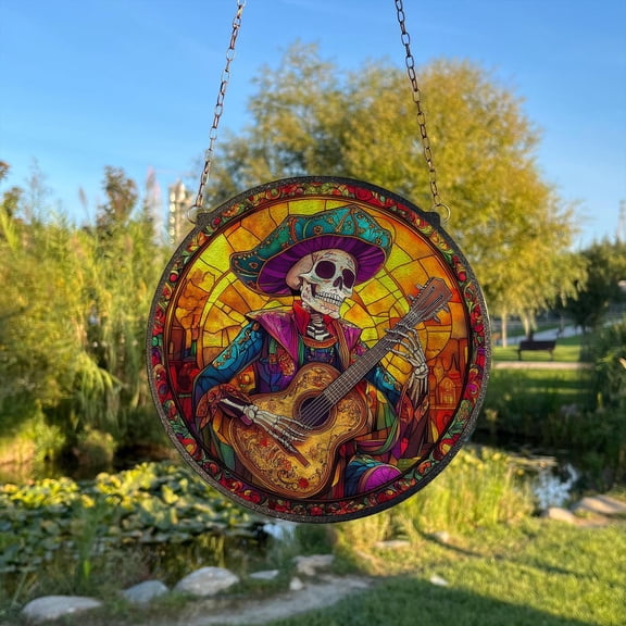 Mexican Skeleton Painted Stained Glass Suncatcher, Window Hanging Decor, Outdoor Sun Catcher, Halloween Decor