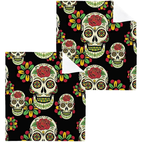 Mexican Skull Flower Washcloth 12x12in Set, 6 Pack Absorbent Cotton Towel Square Kitchen Dishes Towels, Soft Cleaning Face Hand Towel Fast Drying Wash cloth