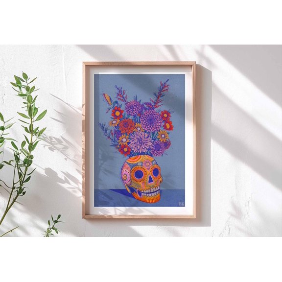 Mexican Skull & Flowers, Calavera Dahlia Hummingbird, Día De Los Muertos Wall Art Decor Illustrated Mexico Print A4, Funky Vibrant Quirky Wall Art, Modern Wall Decor, 12x18 UNFRAMED