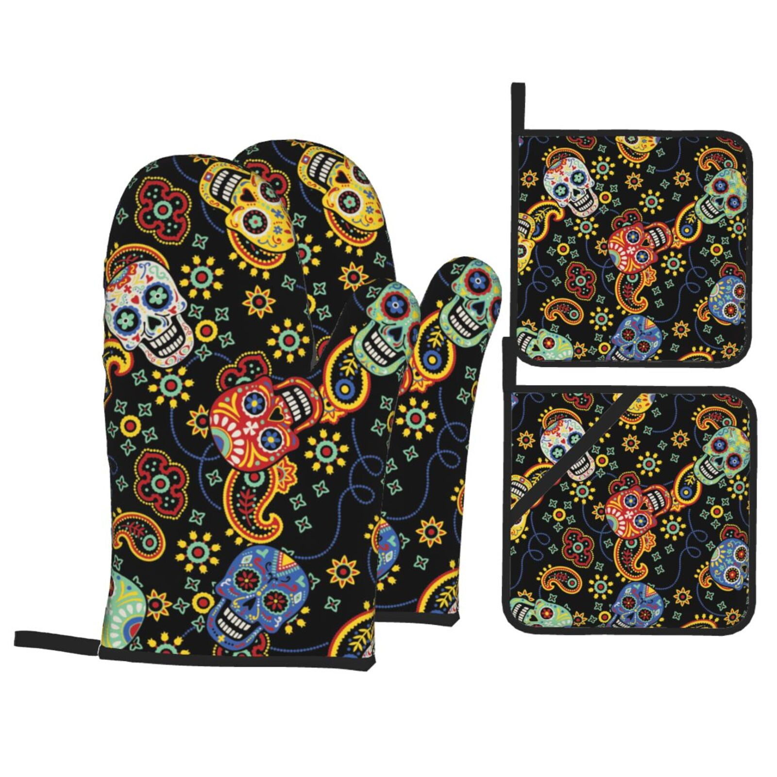 Mexican Skull Paisley 4Pcs Oven Mitts and Pot Holders Sets Oven Kitchen Gloves Hot Pads for Cooking BBQ Baking Grilling