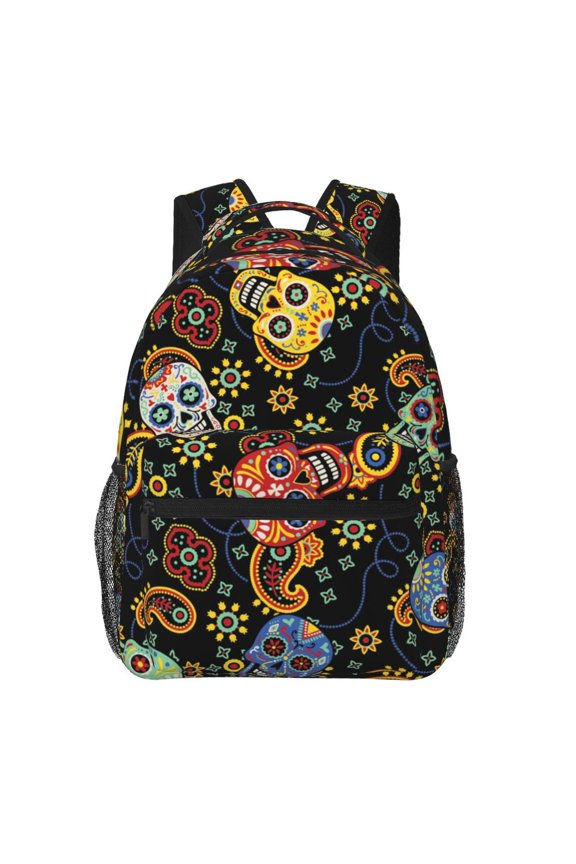 Mexican Skull Paisley Backpack Casual College Bag Zipper Laptop Daypack Hiking Rucksack Travel