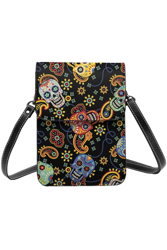 Mexican Skull Paisley Cell Phone Purse Small Crossbody Bag with Strap Credit Card Slots Leather Shoulder Wallet for Women
