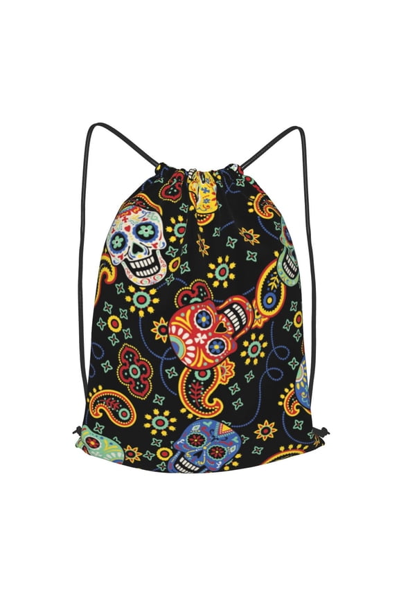 Mexican Skull Paisley Drawstring Backpack Gym String Bag Sports Sackpack Cinch Sack, Small