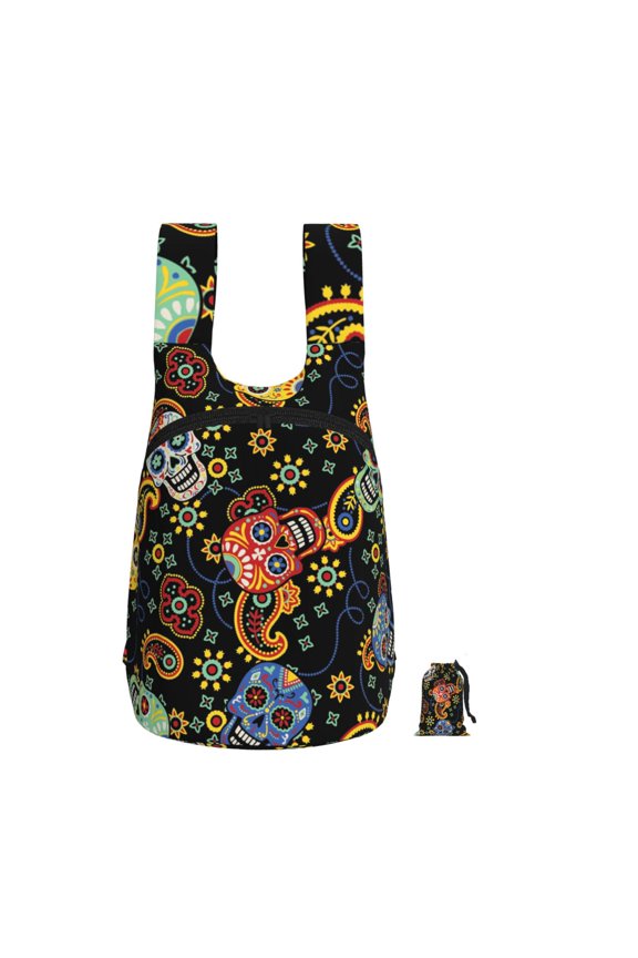 Mexican Skull Paisley Foldable Storage Backpack Lightweight Packable Travel Daypack for Shopping Commuting Hiking