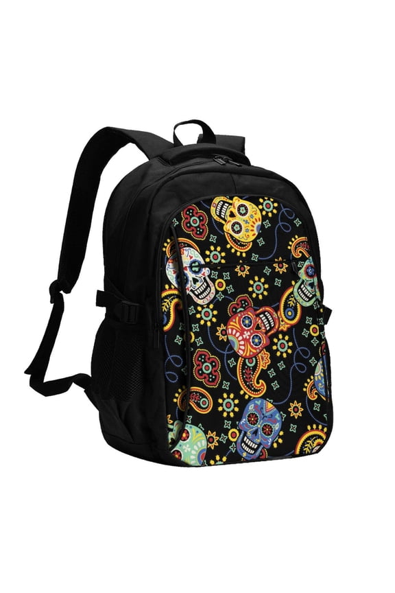 Mexican Skull Paisley Laptop Backpack with USB Charging Headphone Port Casual Daypack Bag College Business Travel
