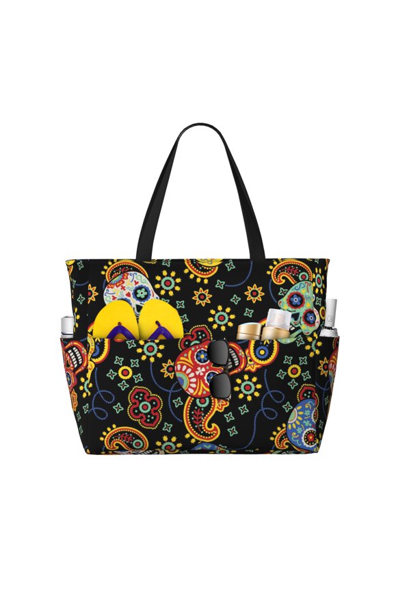 Mexican Skull Paisley Large Capacity Beach Travel Tote Bag Shoulder Handbag for Gym Camping Shopping