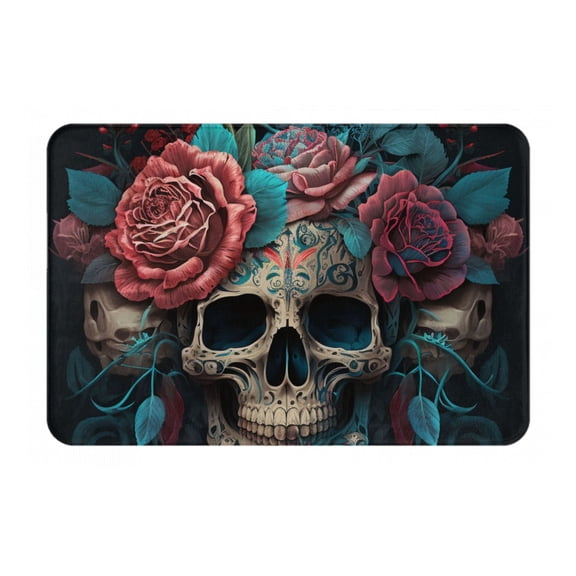 Mexican Skull Roses Day Of The Dead Doormat Non Slip Front Door Bathroom Bath Mats Entryway Rug 23.6x15.7 Inch Indoor Door Carpet