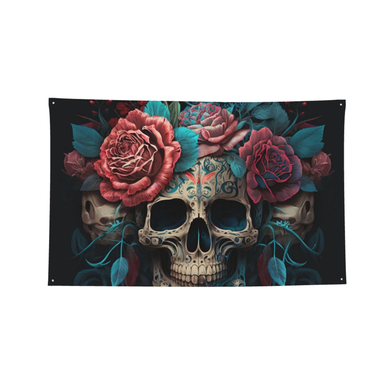 Mexican Skull Roses Day Of The Dead Four Hole Decorated Banner Flag for Garden Yard Home Decoration Indoor Outdoor 4x6 Ft