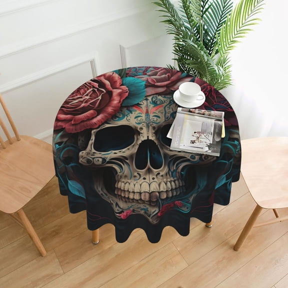 Mexican Skull Roses Day Of The Dead Tablecloths Round 60 inch Fabric Table Cloth Cover for Dining Kitchen Wedding Party