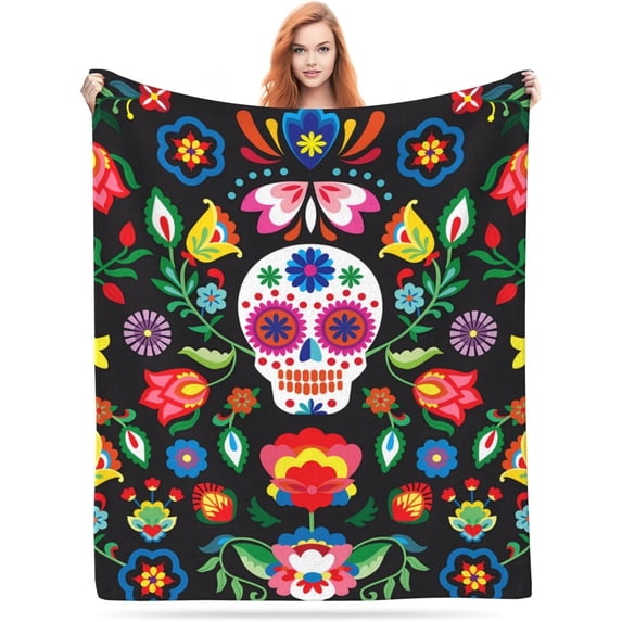 Mexican Skull Skeleton Floral Blanket, Soft Blankets Flannel Bed Throw Cozy Lightweight Plush Gifts for Women Men Boys Girls Sofa Couch Bedroom Living Rooms Warm All Season, Home Decor, Small