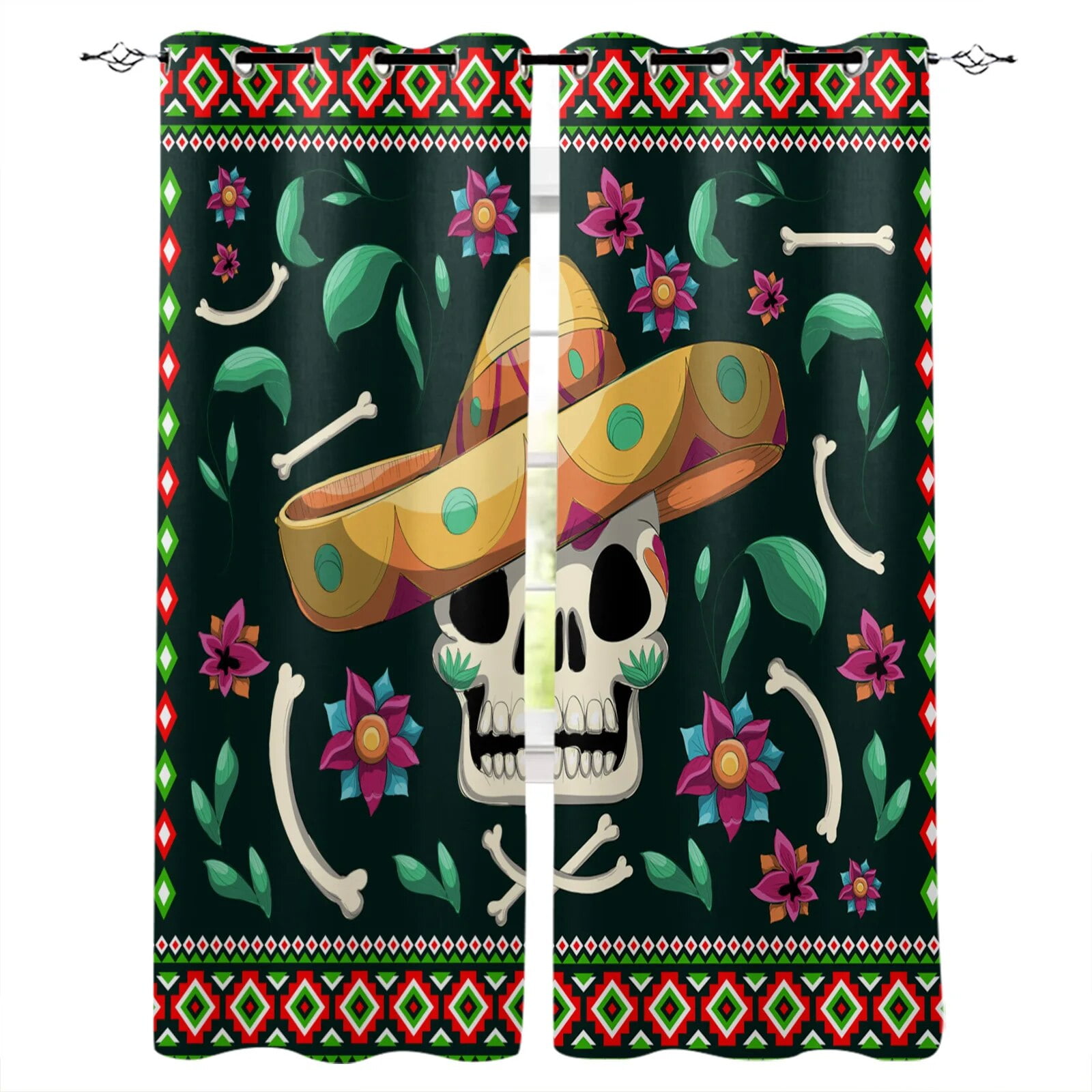 Mexican Skull Straw Hat Flower Green Curtains For Living Room Kids mexican-skull-straw-hat-flower-green-curtains-for-living-room-kids