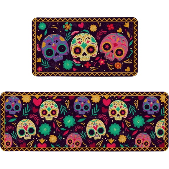 Mexican Skulls Kitchen Mat Set of 2, Colorful Sugar Skull Calavera Day of The Dead Kitchen Rug Decor Home Decorations, Día de Los Muertos Floor Mat