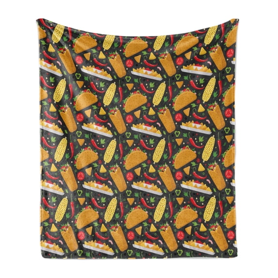 Mexican Soft Flannel Fleece Blanket, Latin Dish with Tortilla Tacos Corns Burrito Chili Nachos Veggies Red Cook Graphic, Cozy Plush for Indoor and Outdoor Use, 50" x 60", Multicolor, by Ambesonne