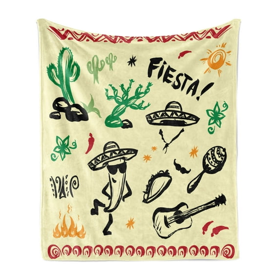Mexican Soft Flannel Fleece Blanket, Popular Hispanic Cartoon Objects with Fiesta Taco Guitar Cactus Plant Nachos Print, Cozy Plush for Indoor and Outdoor Use, 50" x 60", Multicolor, by Ambesonne