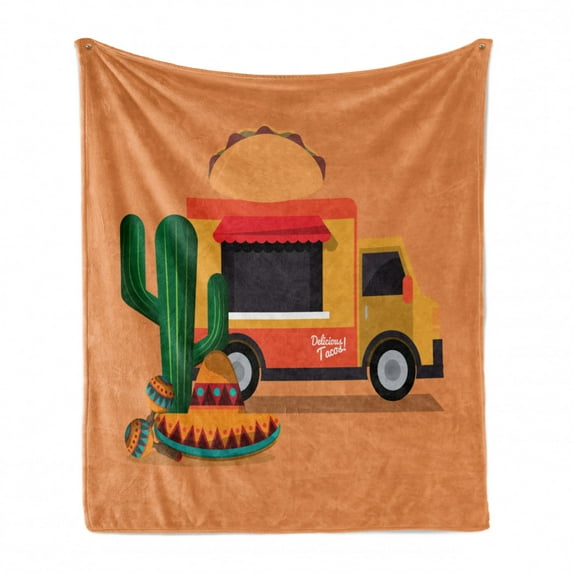 Mexican Soft Flannel Fleece Blanket, Taco Food Truck with Sombrero a Cactus Music Maracas Instrument Print Latin America, Cozy Plush for Indoor and Outdoor Use, 50" x 70", Multicolor, by Ambesonne