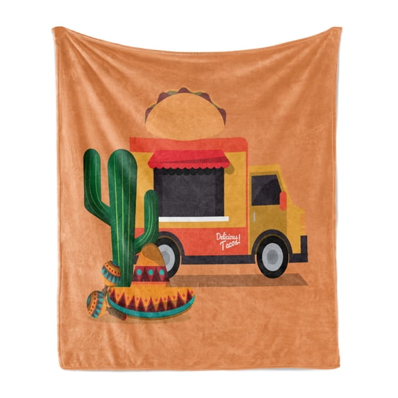 Mexican Soft Flannel Fleece Blanket, Taco Food Truck with Sombrero a Cactus Music Maracas Instrument Print Latin America, Cozy Plush for Indoor and Outdoor Use, 60" x 80", Multicolor, by Ambesonne