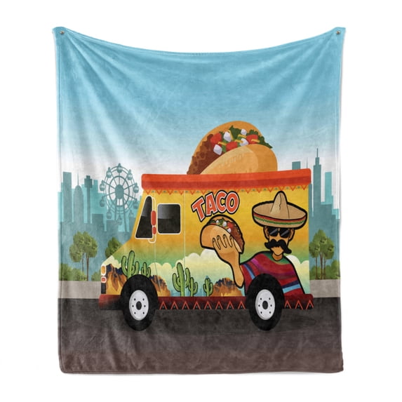Mexican Soft Flannel Fleece Blanket, Taco Truck on the Road in City Delivery Fast Food Traditional Taste Takeaway Image, Cozy Plush for Indoor and Outdoor Use, 50" x 70", Multicolor, by Ambesonne
