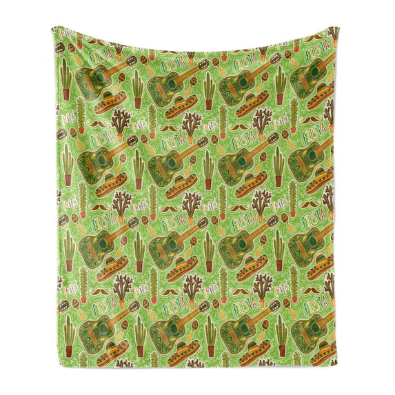 Mexican Soft Flannel Fleece Throw Blanket, Colorful Doodle Mexican Fiesta Party Concept with Guitar Cactus and Maracas, Cozy Plush for Indoor and Outdoor Use, 50" x 70", Multicolor, by Ambesonne