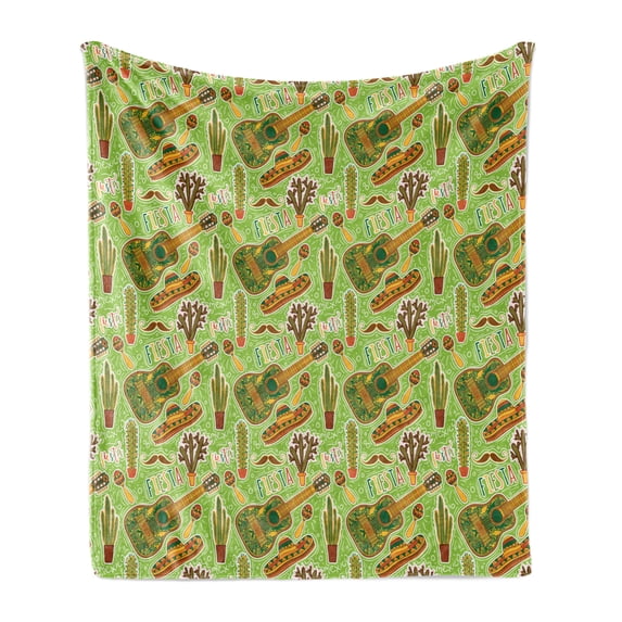 Mexican Soft Flannel Fleece Throw Blanket, Colorful Doodle Mexican Fiesta Party Concept with Guitar Cactus and Maracas, Cozy Plush for Indoor and Outdoor Use, 50" x 60", Multicolor, by Ambesonne