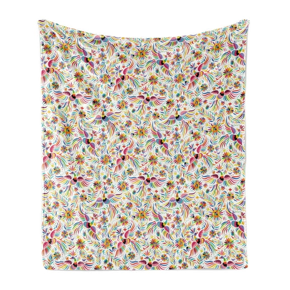Mexican Soft Flannel Fleece Throw Blanket, Colorful Nature Inspired Pattern Birds Flowers Leaves and Dots Creativity, Cozy Plush for Indoor and Outdoor Use, 50" x 60", Multicolor, by Ambesonne