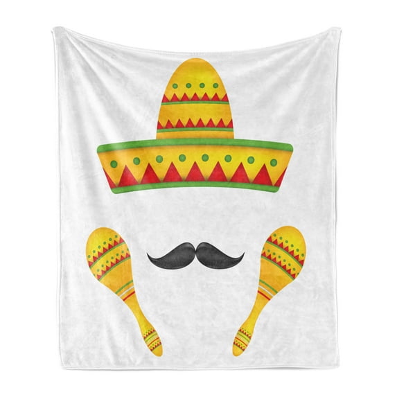 Mexican Soft Flannel Fleece Throw Blanket, Famous Centerpiece of Mexico Sombrero Moustache Rumba Shaker Mesoamerican Print, Cozy Plush for Indoor and Outdoor Use, 70" x 90", Yellow, by Ambesonne