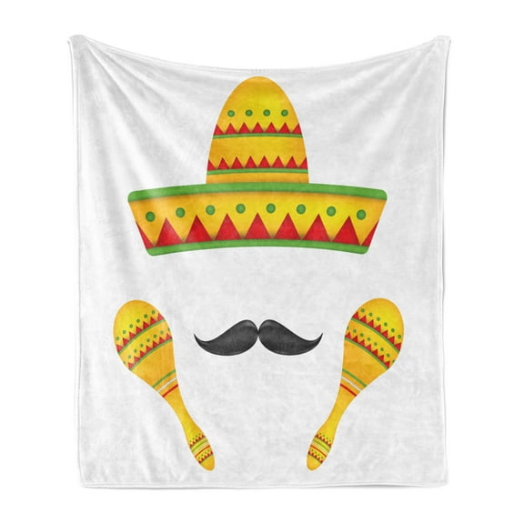 Mexican Soft Flannel Fleece Throw Blanket, Famous Centerpiece of Mexico Sombrero Moustache Rumba Shaker Mesoamerican Print, Cozy Plush for Indoor and Outdoor Use, 50" x 70", Yellow, by Ambesonne