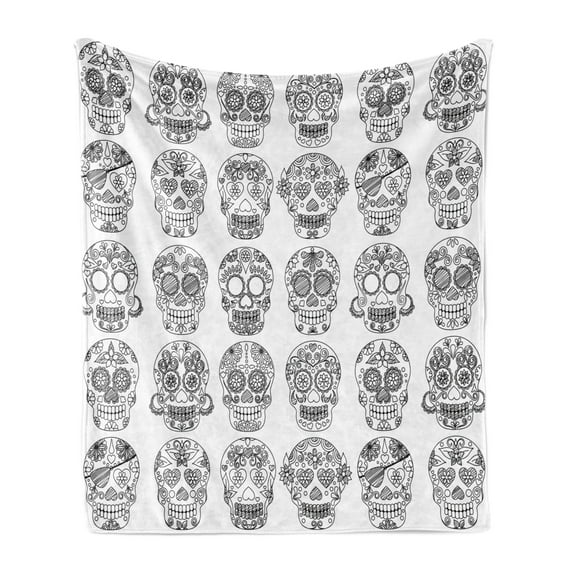 Mexican Soft Flannel Fleece Throw Blanket, Latin American Day of Dead Skull Designs with Floral Inspirations Celebration, Cozy Plush for Indoor and Outdoor Use, 70" x 90", Black White, by Ambesonne