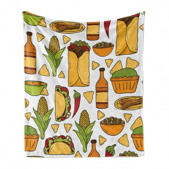 Mexican Soft Flannel Fleece Throw Blanket, Latin Food Chili Taco Nachos Burrito Tequila Rice Corns Best Supper, Cozy Plush for Indoor and Outdoor Use, 60" x 80", Multicolor, by Ambesonne
