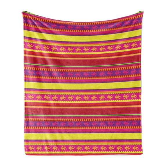 Mexican Soft Flannel Fleece Throw Blanket, Vibrant Colored Striped Pattern with Abstract Lizard Animal Folk Borders, Cozy Plush for Indoor and Outdoor Use, 60" x 80", Multicolor, by Ambesonne