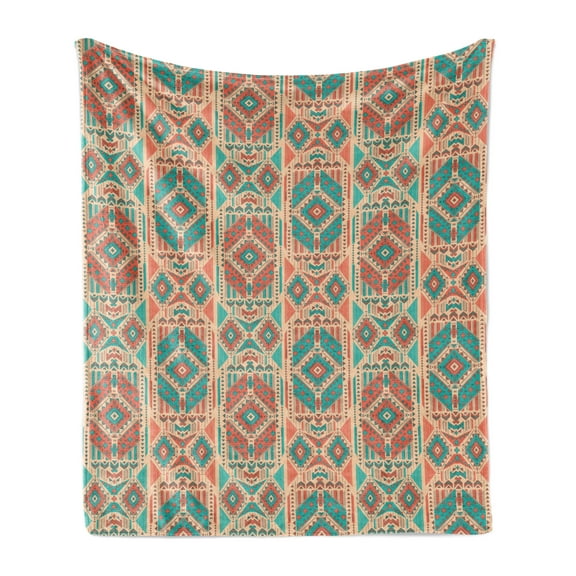 Mexican Soft Flannel Fleece Throw Blanket, Vintage Pastel Toned Geometric Composition American Motifs, Cozy Plush for Indoor and Outdoor Use, 60" x 80", Sea Green Dark Coral, by Ambesonne