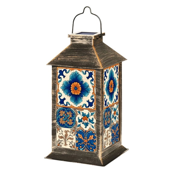 Mexican Solar Lantern Ceramic Tile Blue Orange Floral vintage Garden Hanging Lantern Waterproof Solar Powered Lighting Outdoor Lamp for Deck Yard Camping Patio Decor