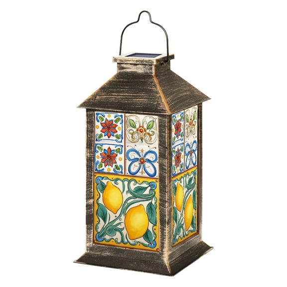Mexican Solar Lantern Floral Lemon Ceramic Mediterranean Orange Blue Garden Hanging Lantern Waterproof Solar Powered Lighting Outdoor Lamp for Deck Yard Camping Patio Decor