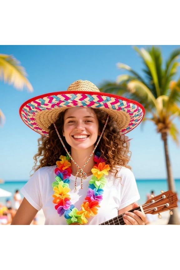 Mexican Sombrero Hat 18 Inch for Men Women - Natural Straw Wide Brim with Chin Strap, Traditional Serape Style Fiesta Party Hat for Cinco de Mayo & Summer Sun Protection