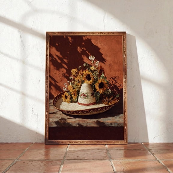 Mexican Sombrero Sunflowers Rustic Southwestern Folk Art Kitchen Decor Unframed Paper Print