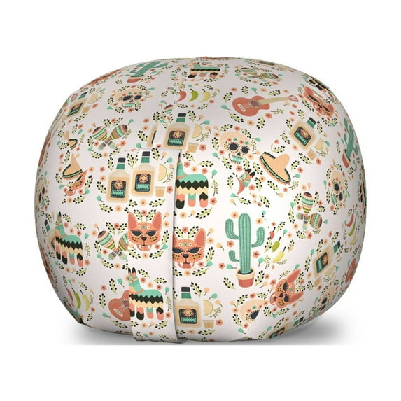 Mexican Storage Toy Bag Chair, Succulent Sugar Skull Cactus Day of the Dead Maracas Traditional, Stuffed Animal Organizer Washable Bag, Large Size, Peach Coral Sea Green, by Ambesonne