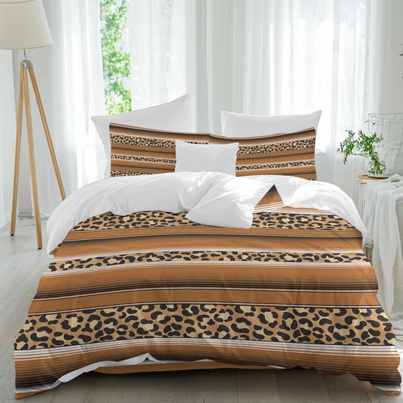 Mexican Striped Duvet Cover Set King Size, Leopard Print Brown 4 Piece Soft Microfiber Bedding Set with 1 Duvet Cover, 1 Flat Sheet, 2 Pillowcases