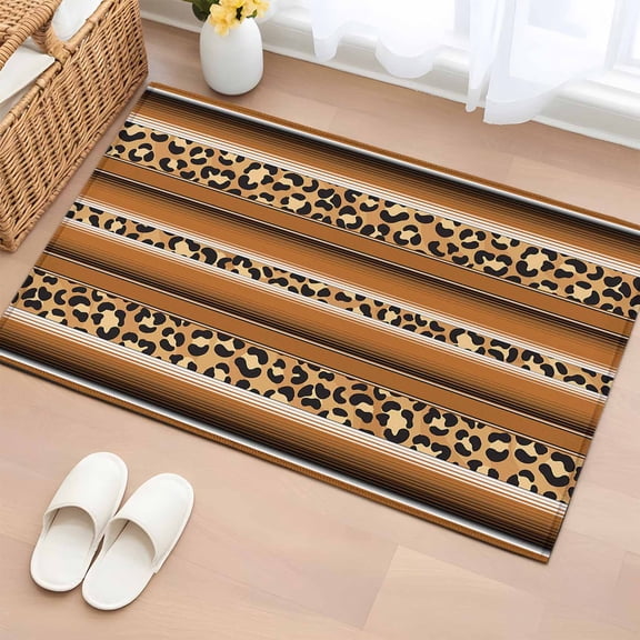 Mexican Striped Washable Small Entryway Area Rugs 2'x3', Leopard Print Brown Low Pile Throw Rug Non-Slip Sturdy Edge Binding Carpet for Front Door Floor Room Entry