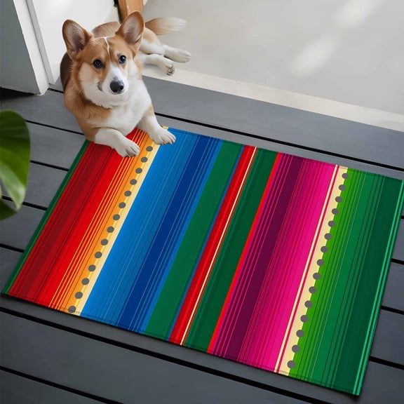 Mexican Stripes Bathroom Mat 2x3 FT, Non Slip Small Kitchen Mat, Blue Boho Red Green Orange Art Simple Washable Soft Backed Front Door Throw Rug Non-Shedding Indoor Outdoor Doormat for Entryway Sink