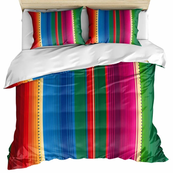Mexican Stripes Bedding 3 Piece Duvet Cover Set California King, Blue Boho Red Green Orange Art Simple Soft Microfiber Comforter Cover with Zipper Closure & Pillowcases, FadeResistant Quilt Cover