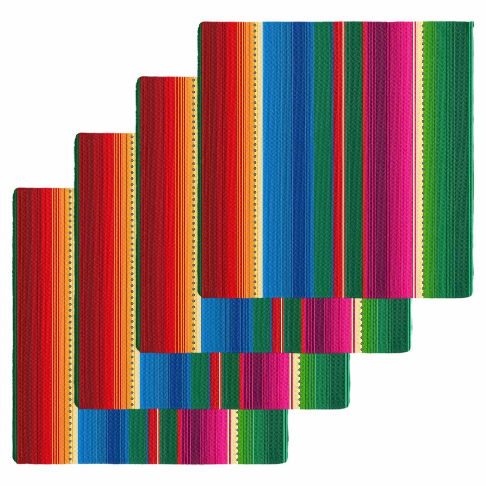 Mexican Stripes Dish Towels Set, Waffle Weave Kitchen Towels 4 Pieces, Blue Boho Red Green Orange Art Simple Microfiber Hair Face Bath Tea Towel Absorbent Quick Drying Cleaning Dish Cloths 12"x12"