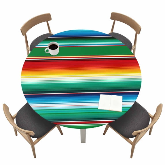 Mexican Stripes Fitted Tablecloth with Elastic Edged, Round Table Cloth for Dining Table, Colorful Striped Mexican Fiesta Theme Waterproof Oil Proof Table Cover for Indoor Outdoor 55"-60"