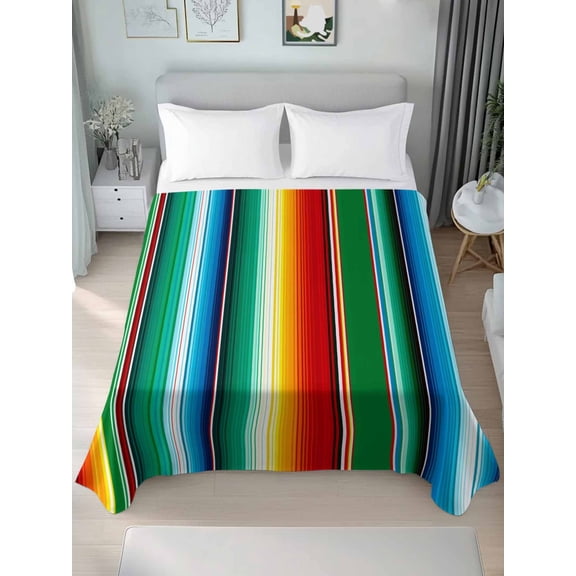 Mexican Stripes King Size Flat Sheet, Wrinkleproof & Fadeproof Cooling Flat Bed Sheet Only, Colorful Striped Mexican Fiesta Theme Breathable Soft Bedding Top Sheets 105 x 98 Inches