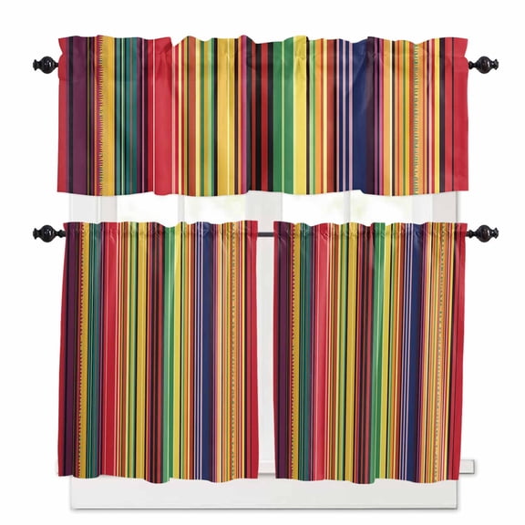 Mexican Stripes Kitchen Curtains and Valances Set, Rainbow Colorful Stripe Gradient Rod Pocket Window Valance 18 Inch Window Curtain Panels for Living Room Bedroom Laundry, 27.5x24in, 3 Pieces