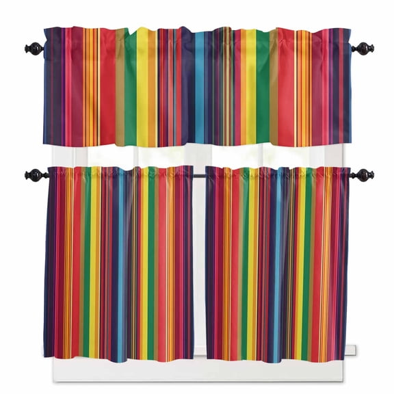 Mexican Stripes Kitchen Curtains and Valances Set, Rainbow Colorful Stripes Gradient Rod Pocket Window Valance 18 Inch Window Curtain Panels for Living Room Bedroom Laundry, 27.5x36in, 3 Pieces