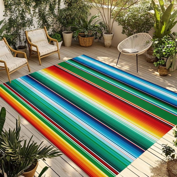 Mexican Stripes Outdoor Rug for Patio/Deck/Porch, Non-Slip Large Area Rug 5 x 8 Ft, Colorful Striped Mexican Fiesta Theme Indoor Outdoor Rugs Washable Area Rugs, Reversible Camping Rug Carpet Runner
