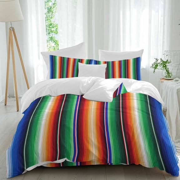 Mexican Stripes Queen Size Comforter Set, Colorful Retro Line Art Bedding for All Seasons, 4 Pcs Bed Set, 1Quiltcover (90"x92") ,1Sheet(94"x116"), 2Pillowcases (30"x20")