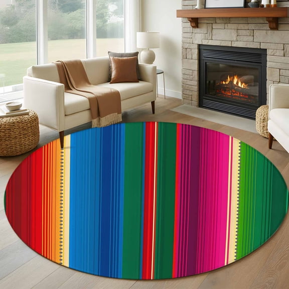Mexican Stripes Round Area Rug 5 FT, Non Slip Bedroom Area Rug, Blue Boho Red Green Orange Art Simple Washable Soft Circular Carpet Non-Shedding Floor Mat for Kitchen Dining Room Foyer Balcony Dorm
