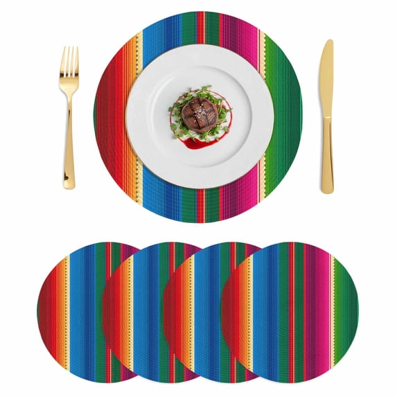 Mexican Stripes Round Placemats Set of 4, Braided Polypropylene Place Mats, Blue Boho Red Green Orange Art Simple Washable Table Mats for Kitchen Dinner Holiday Wedding Party Coffee Table Decor 13"