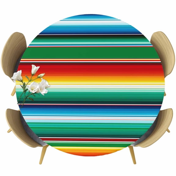 Mexican Stripes Round Tablecloth, Fitted Table Cover with Elastic for 36"-44" Round Tables, Colorful Striped Mexican Fiesta Theme Table Cloth Outdoor Indoor Dinning Party Waterproof Tablecloths
